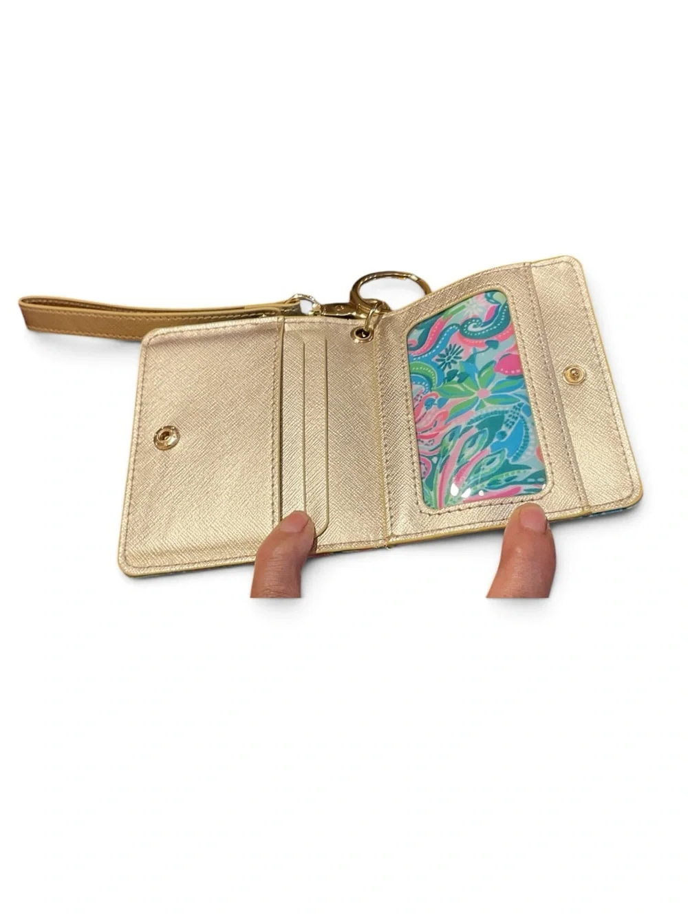 Lilly Pulitzer Gold Wristlet Card Case with Turquoise Pink Floral Print